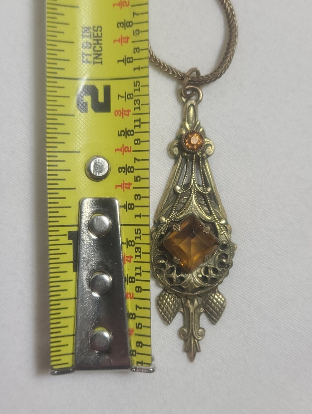 Antique Art Deco Orange Yellow Glass Gems Brass Pendant Necklace - Picture 13 of 14